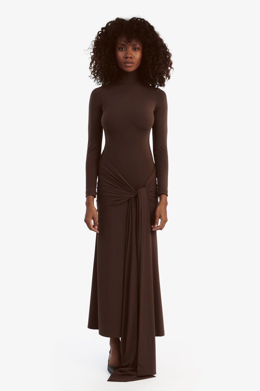 ALIX MAXI TIE FRONT DRESS in colour CHOCOLATE