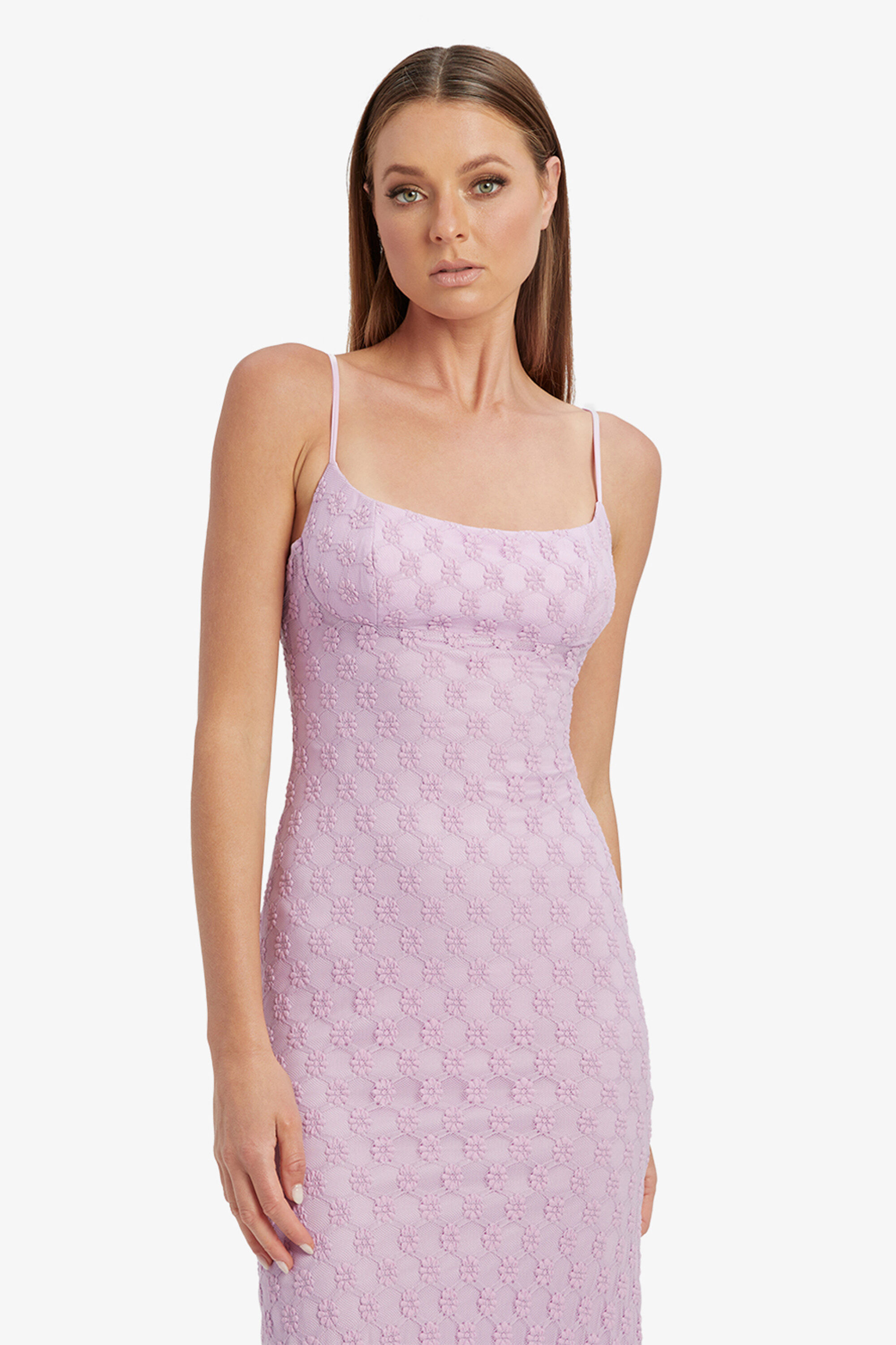 Adoni Mesh Midi Dress In Lilac Bardot