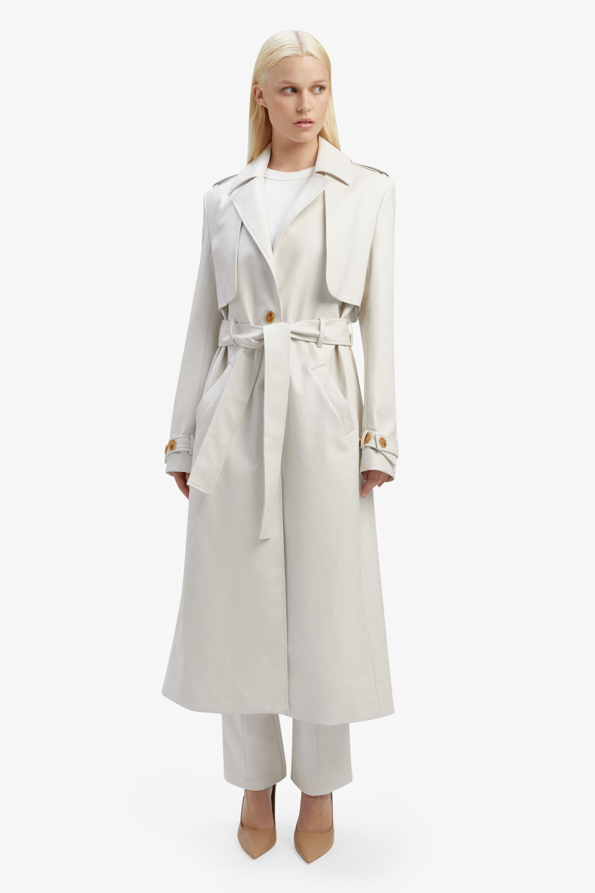 Vegan Leather Trench Coat In Ivory Bardot