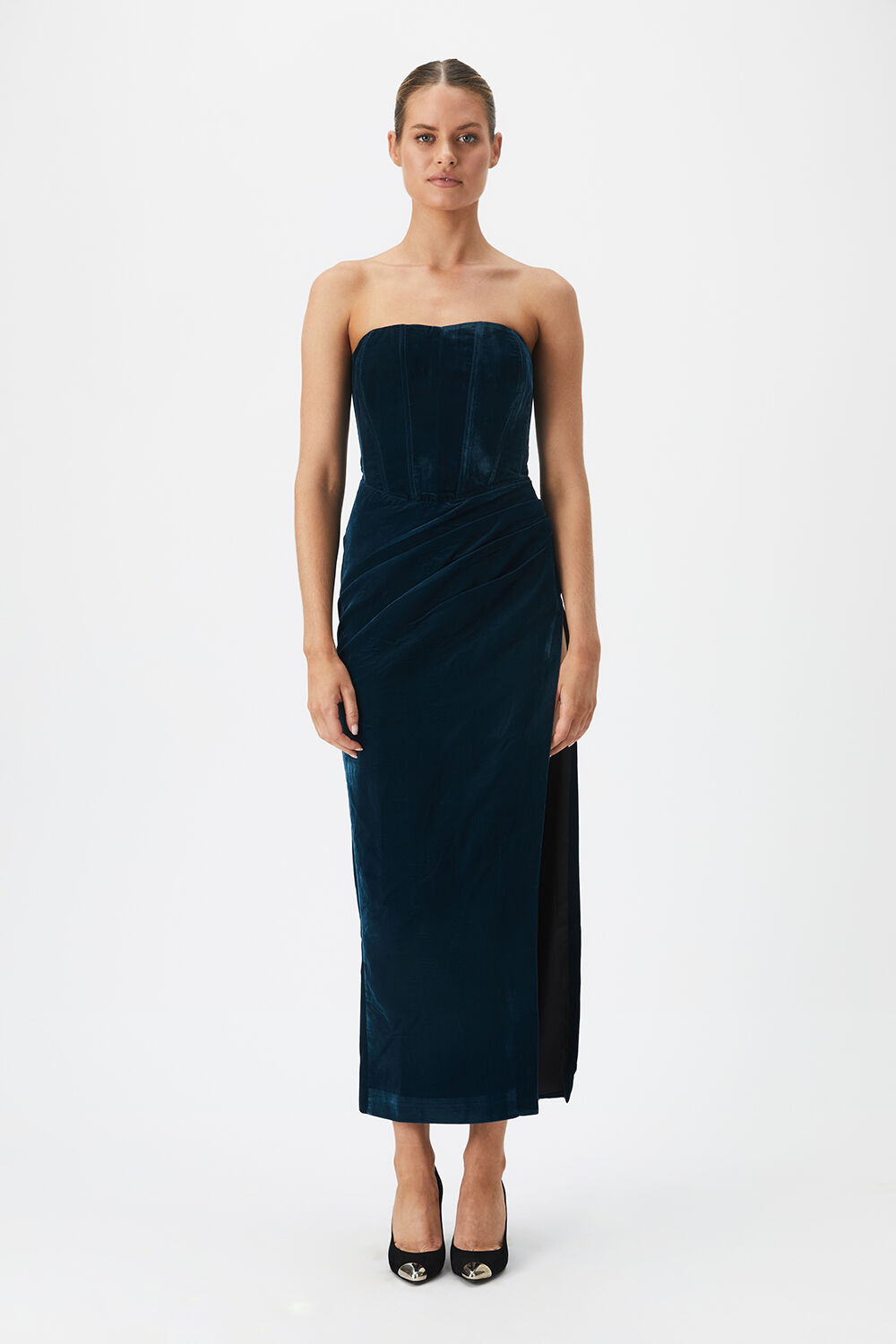 EVERLASTING VELOUR MIDI DRESS in colour BLACK IRIS