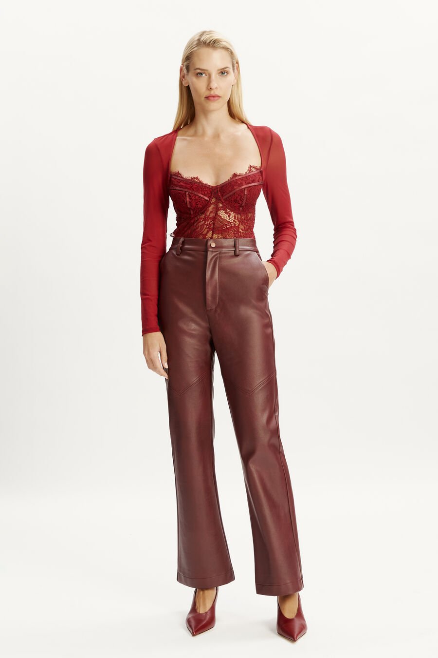KARSON VEGAN LEATHER PANT in colour BURGUNDY