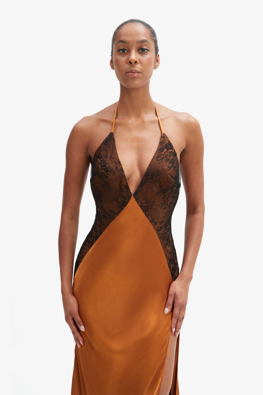 ESTRELLA HALTER MAXI DRESS in colour TOFFEE