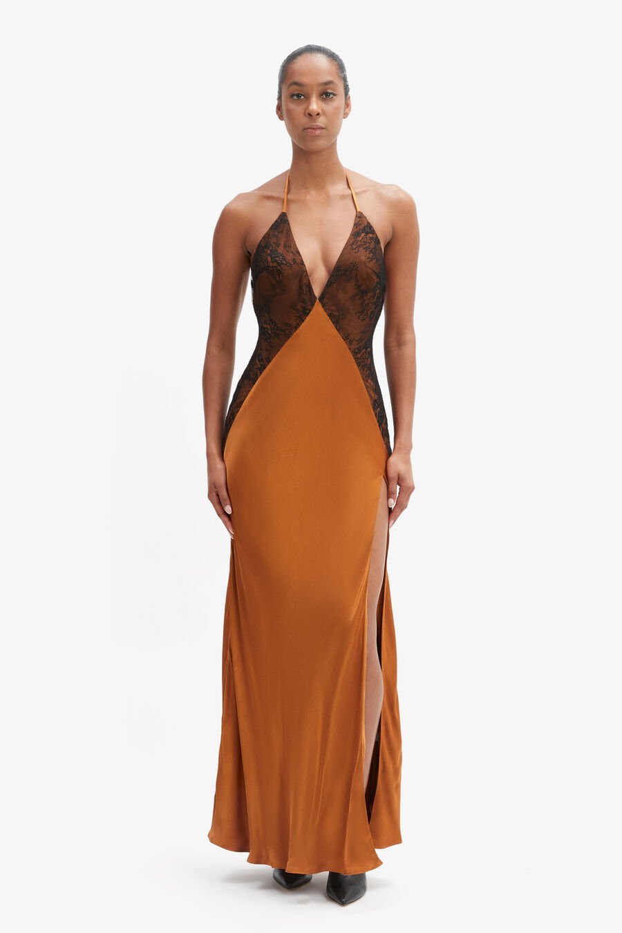 ESTRELLA HALTER MAXI DRESS in colour TOFFEE