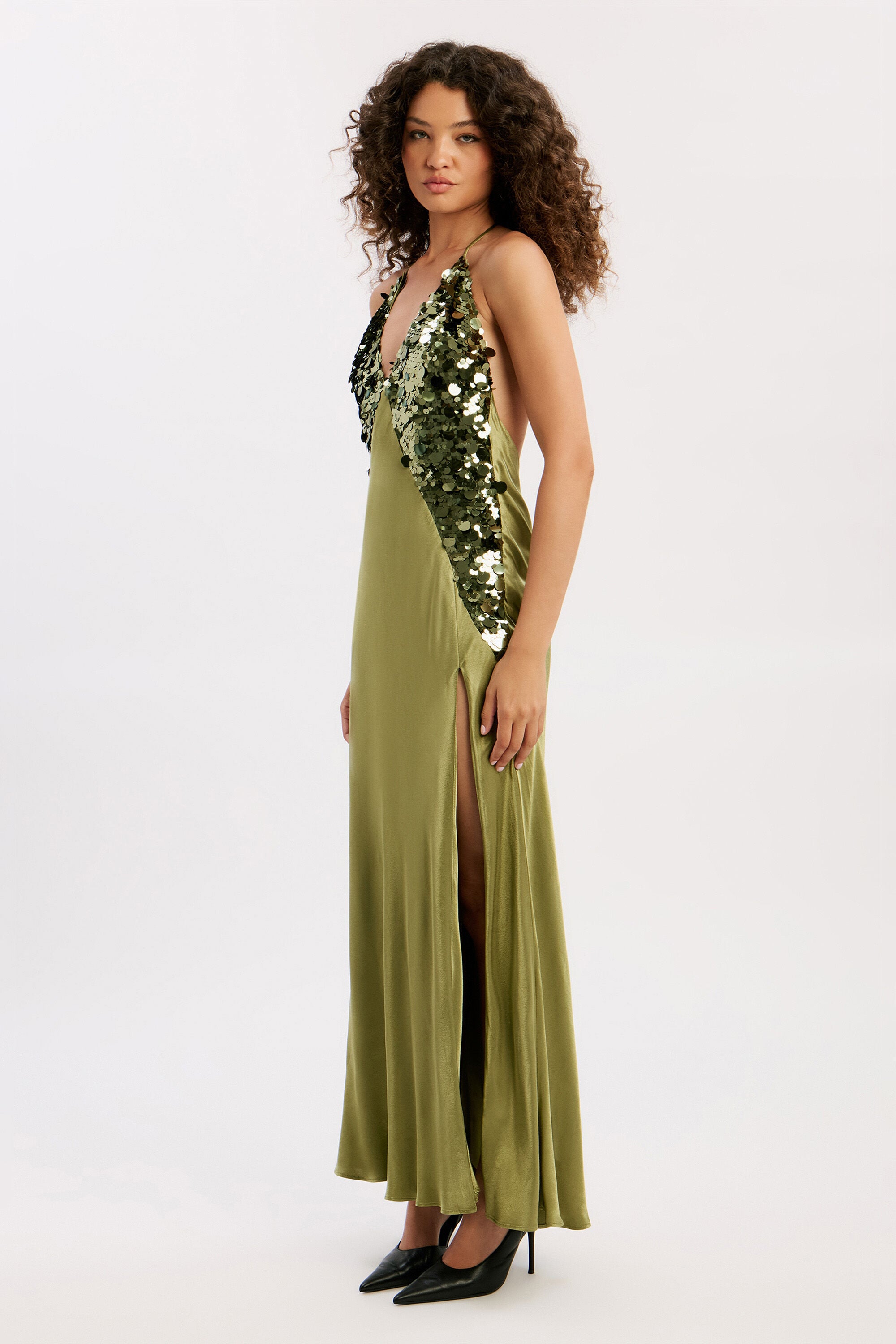 Bardot Yve Sequin Satin Halter Dress Khaki Bardot Yve Sequin Satin Halter Dress Khaki