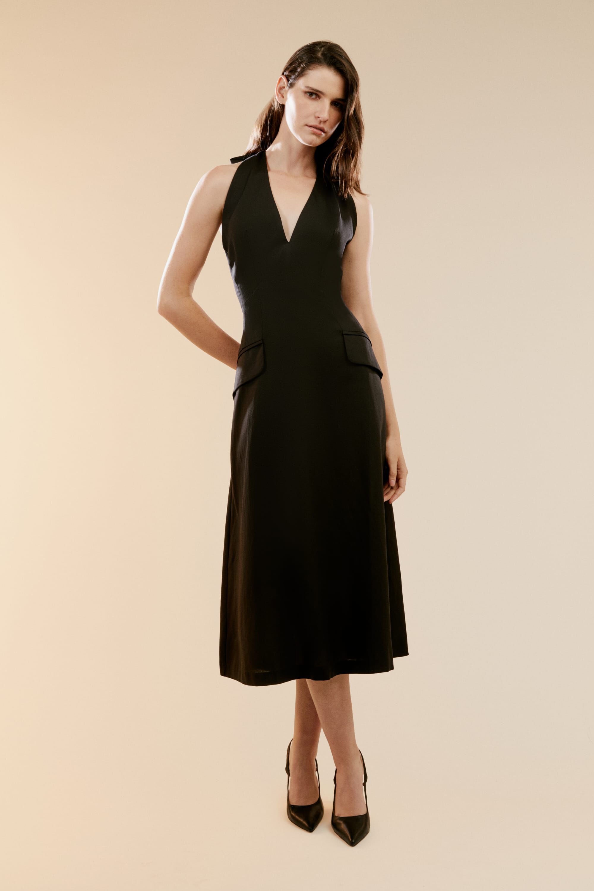 V front bardot midi dress black hotsell