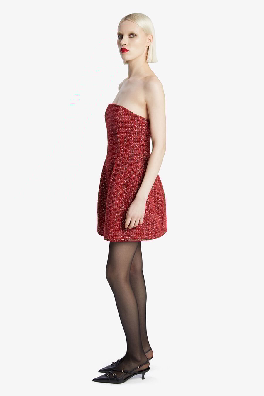 KAROLINE BOUCLE MINI DRESS in colour RED CHECK