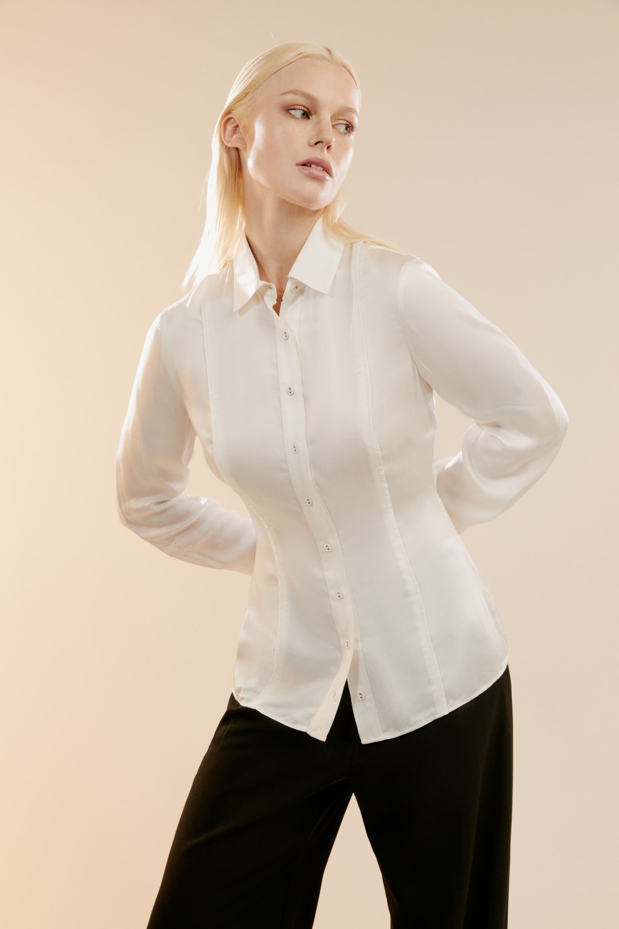 Fitted Satin Shirt In Oyster | Bardot