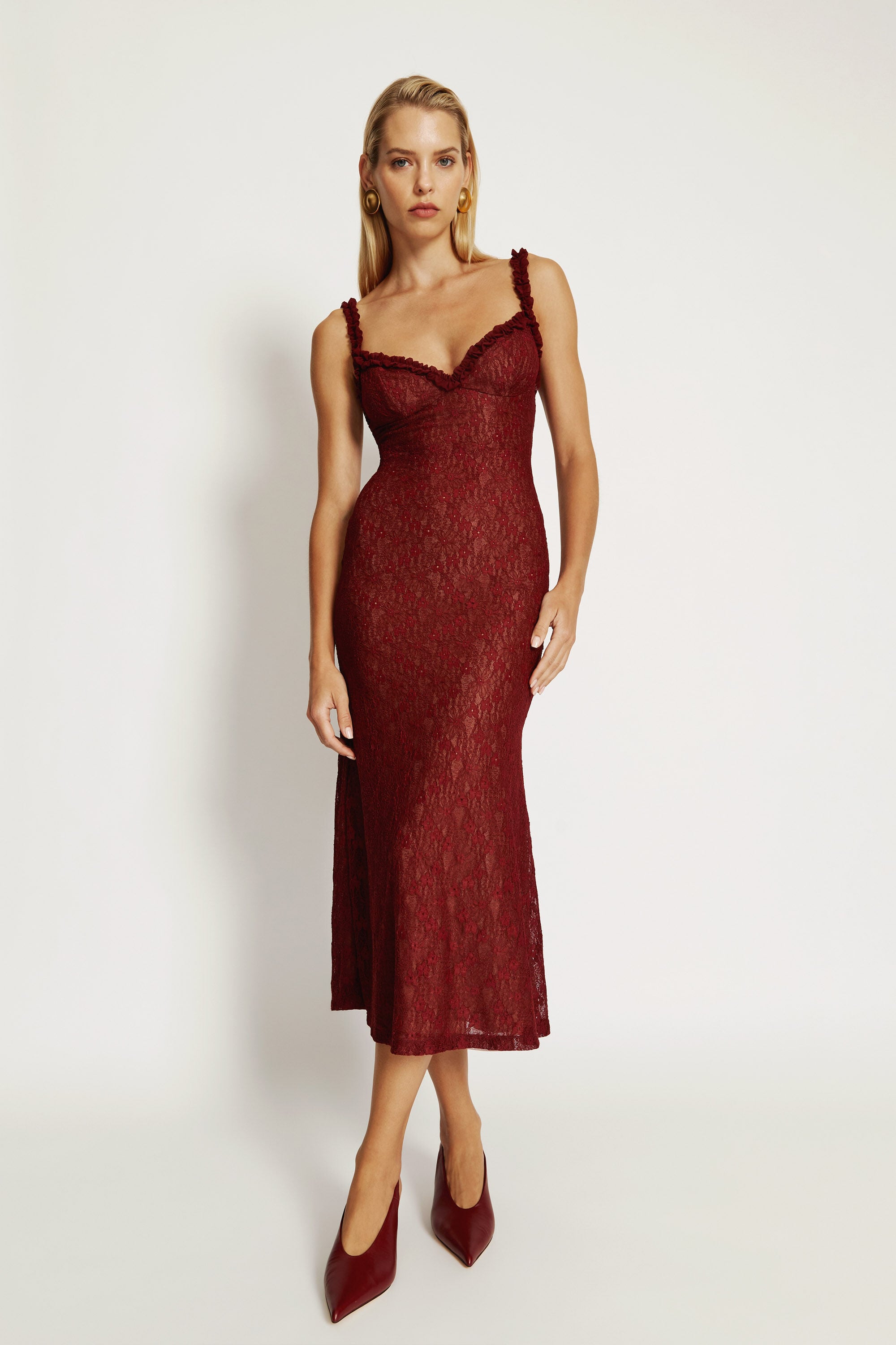 Alegra Stretch Lace Midi Dress In Burgundy