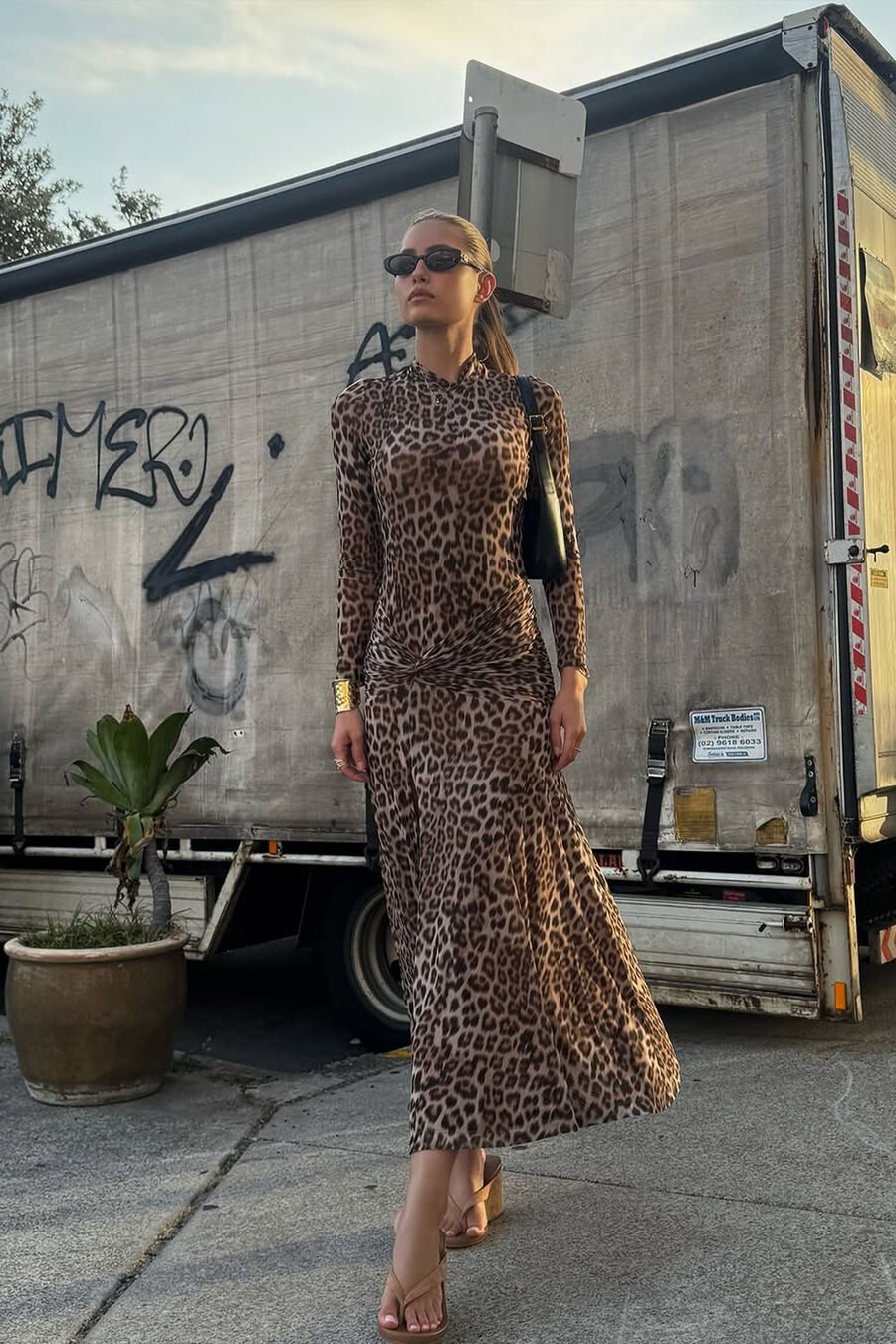 LEA PRINTED MESH MIDI DRESS in colour Brown Leopard