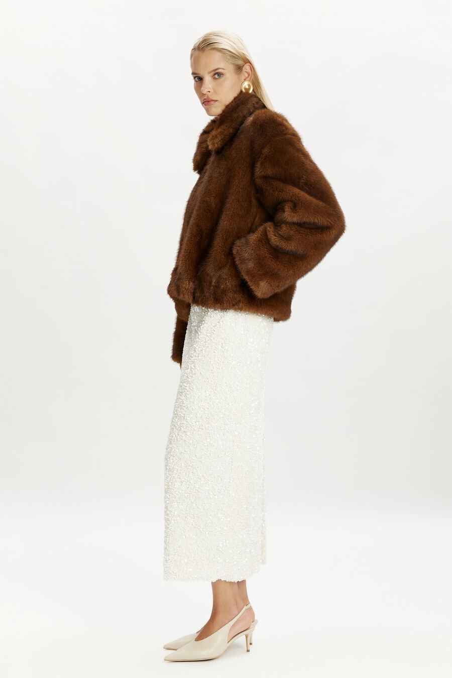 SYLVIE ZIP FAUX FUR JACKET in colour CHOCOLATE