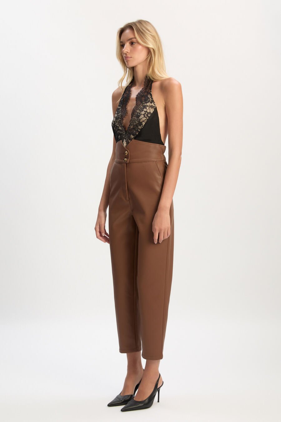 ELVIRIA HALTER SATIN BODYSUIT in colour BLACK