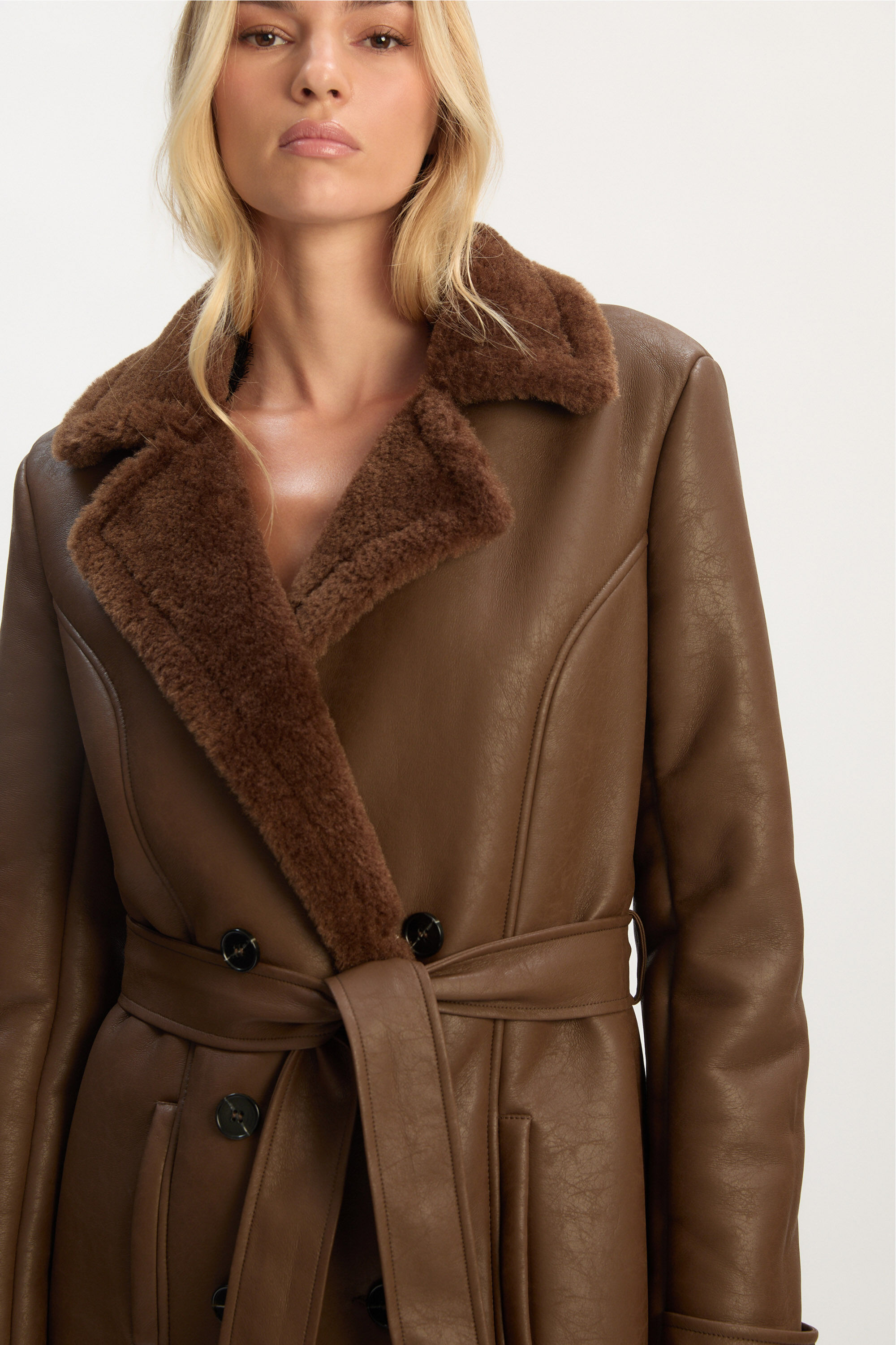 Vegan Leather Shirling Coat In Chocolate | Bardot