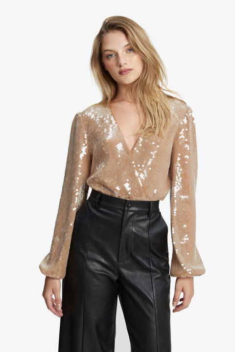 VERONA SEQUIN WRAP BODYSUIT in colour RUGBY TAN
