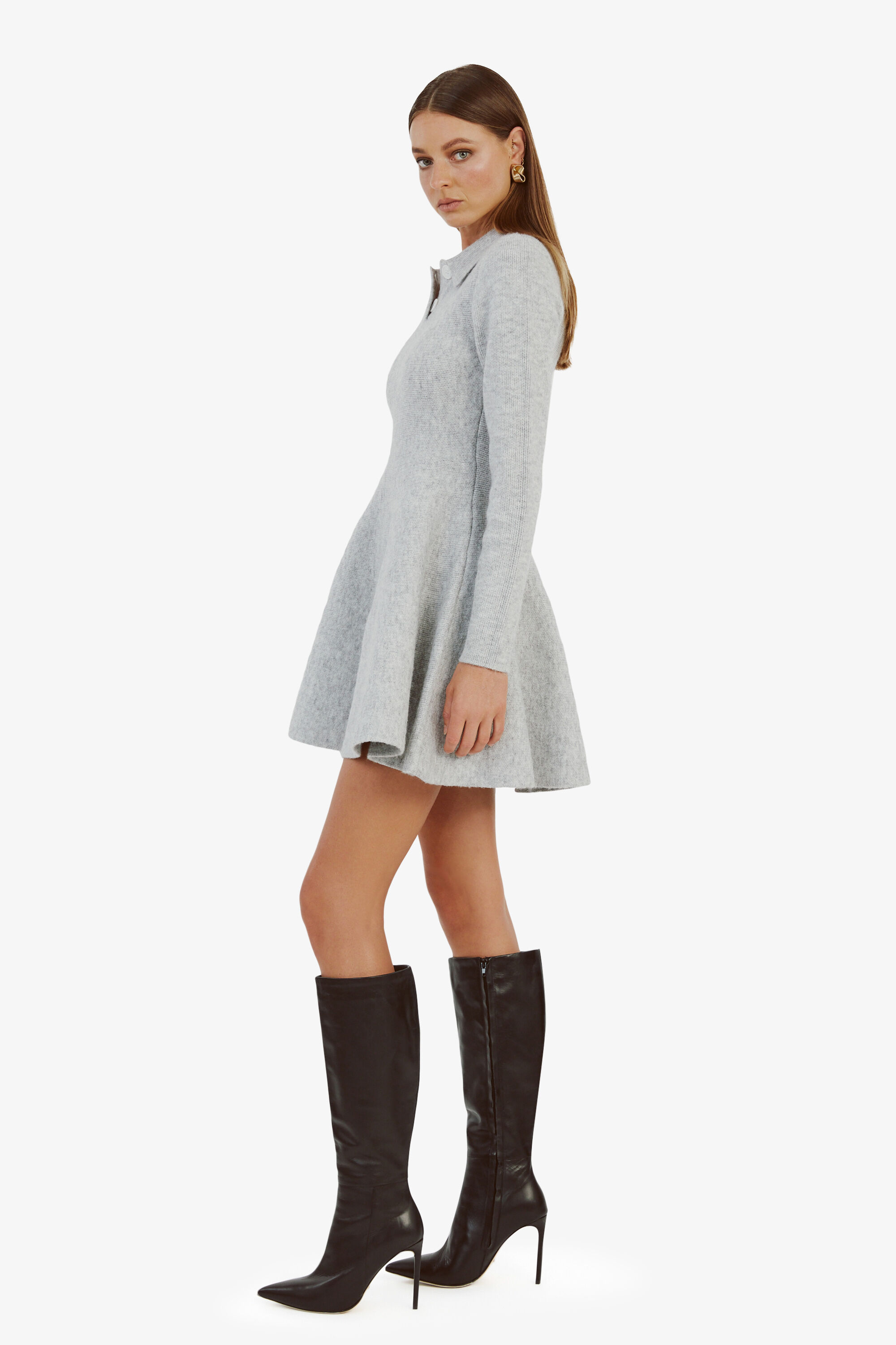 Lexter Mini Volume Knit Dress In Dove Grey | Bardot
