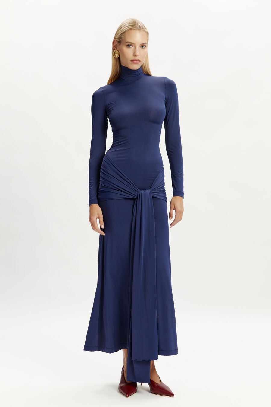 ALIX MAXI TIE FRONT DRESS in colour NAVY