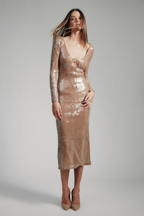 Verona Sequin Maxi Dress in colour RUGBY TAN