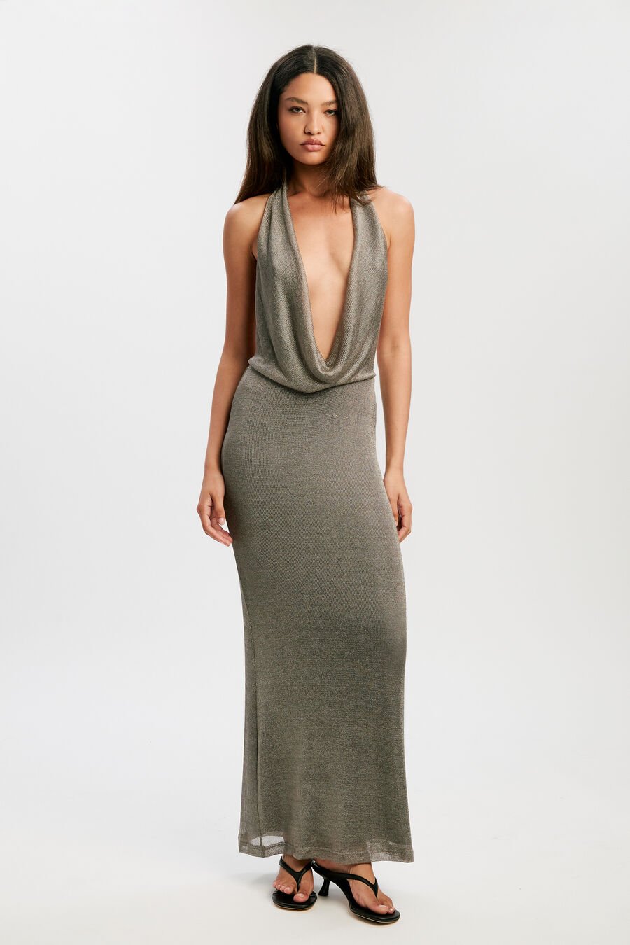 NOLA LUREX COWL MAXI DRESS in colour SILVER