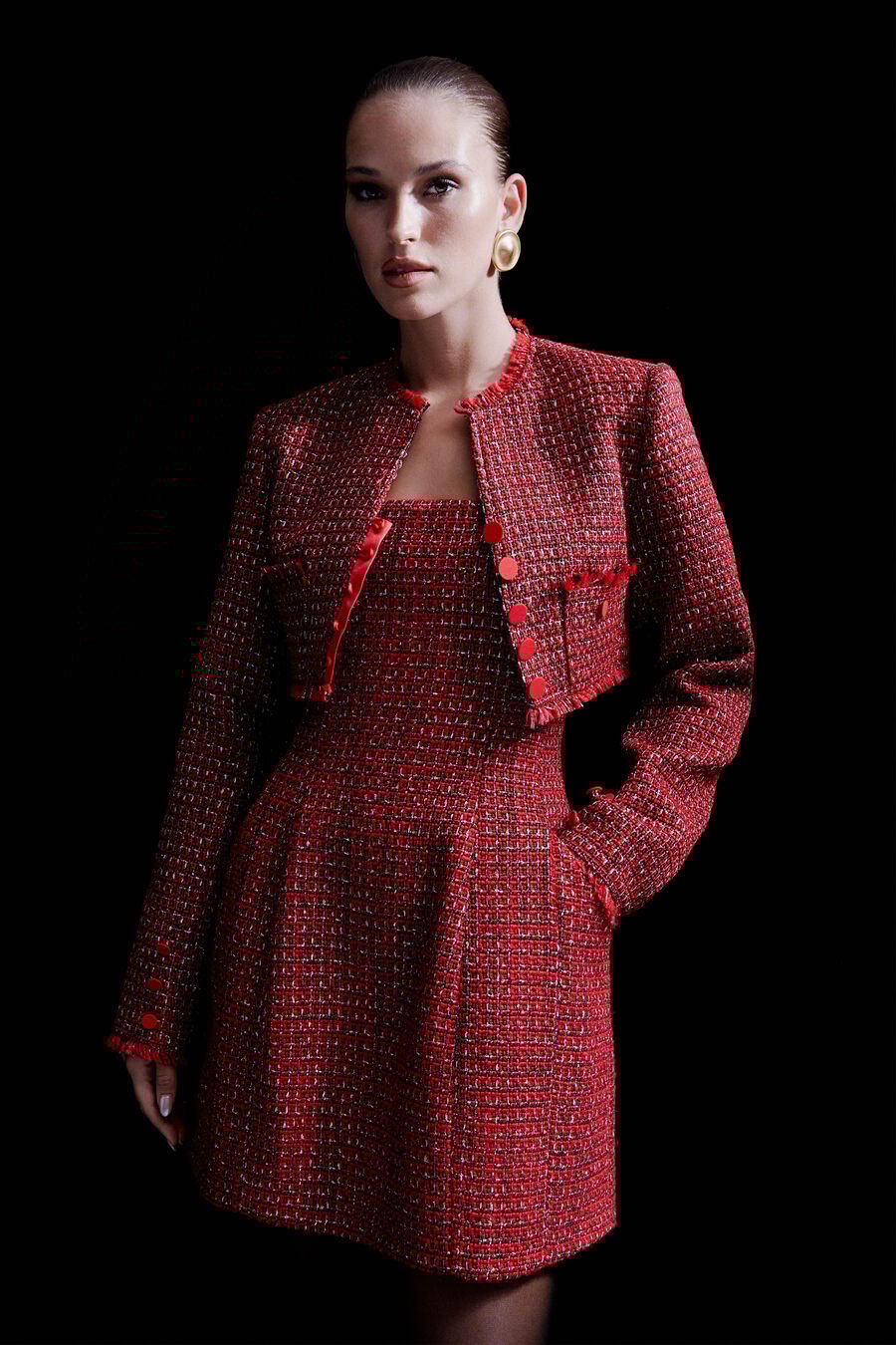 KAROLINE BOUCLE MINI DRESS in colour RED CHECK