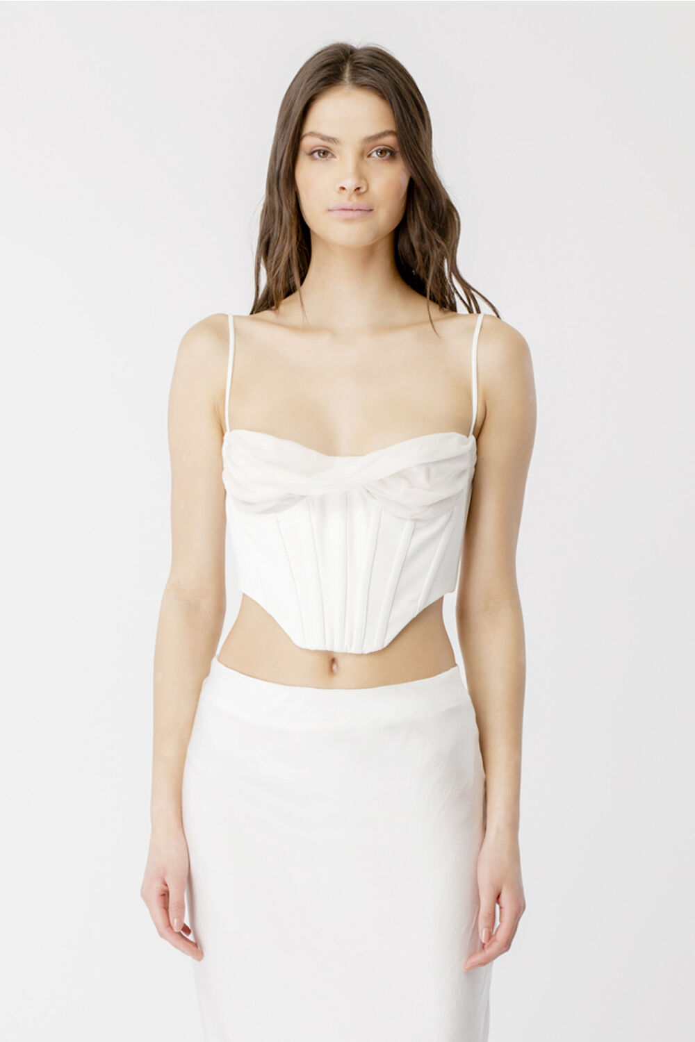 White bardot sheer sleeve corset top clearance