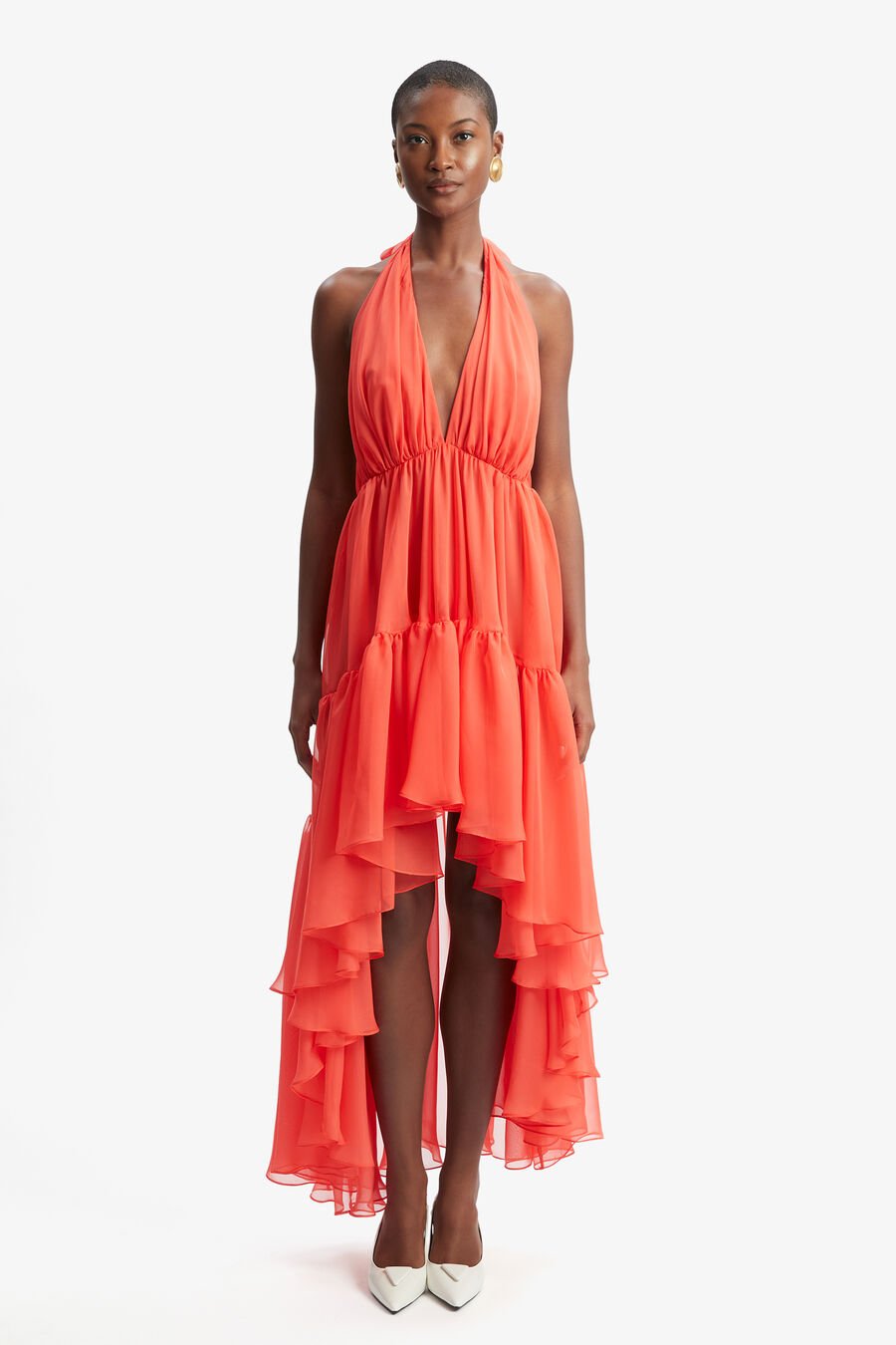 LEONA HIGH LOW RUFFLE DRESS in colour FIRE RED