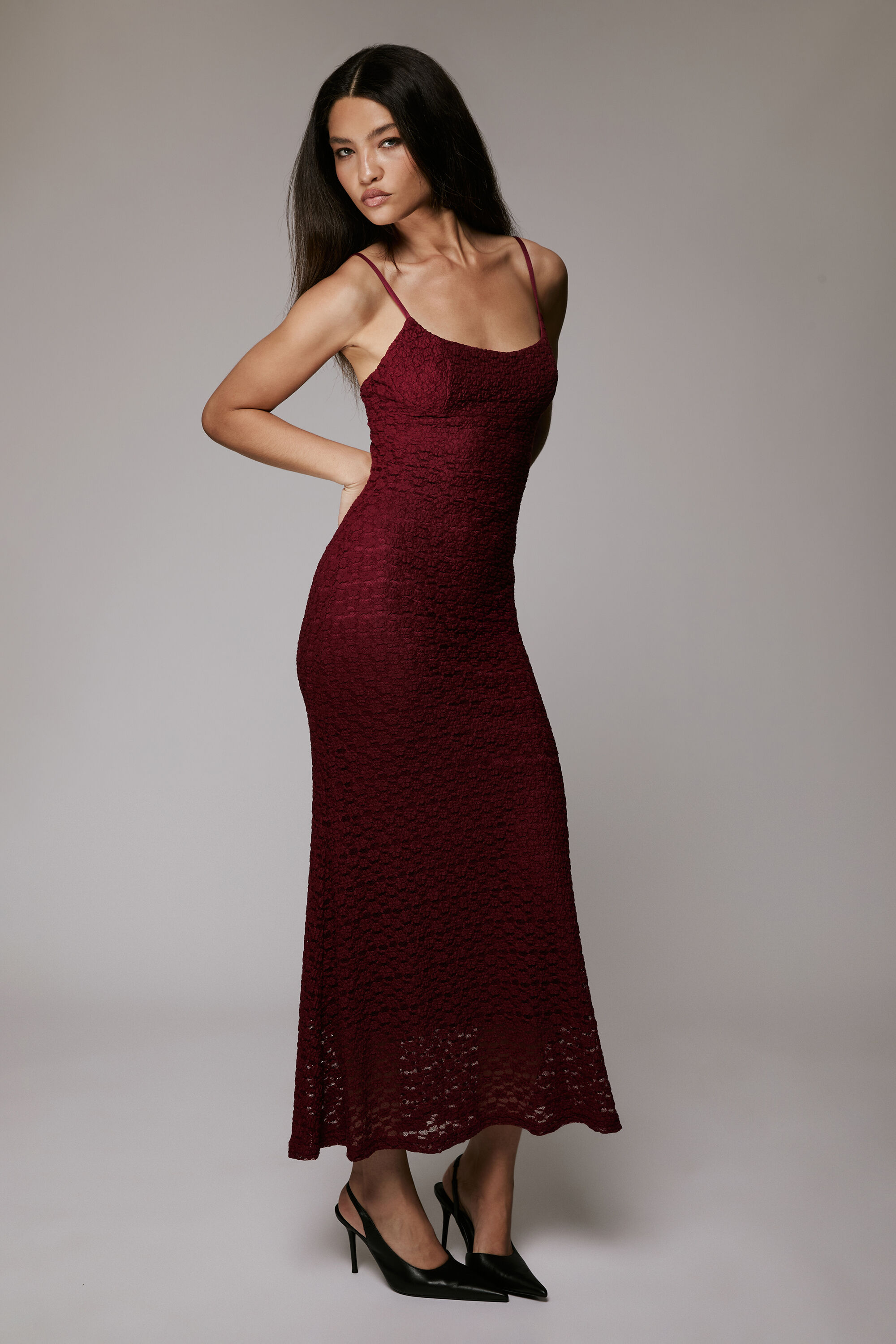 Bardot Louisa Mesh Midi Dress Burgundy