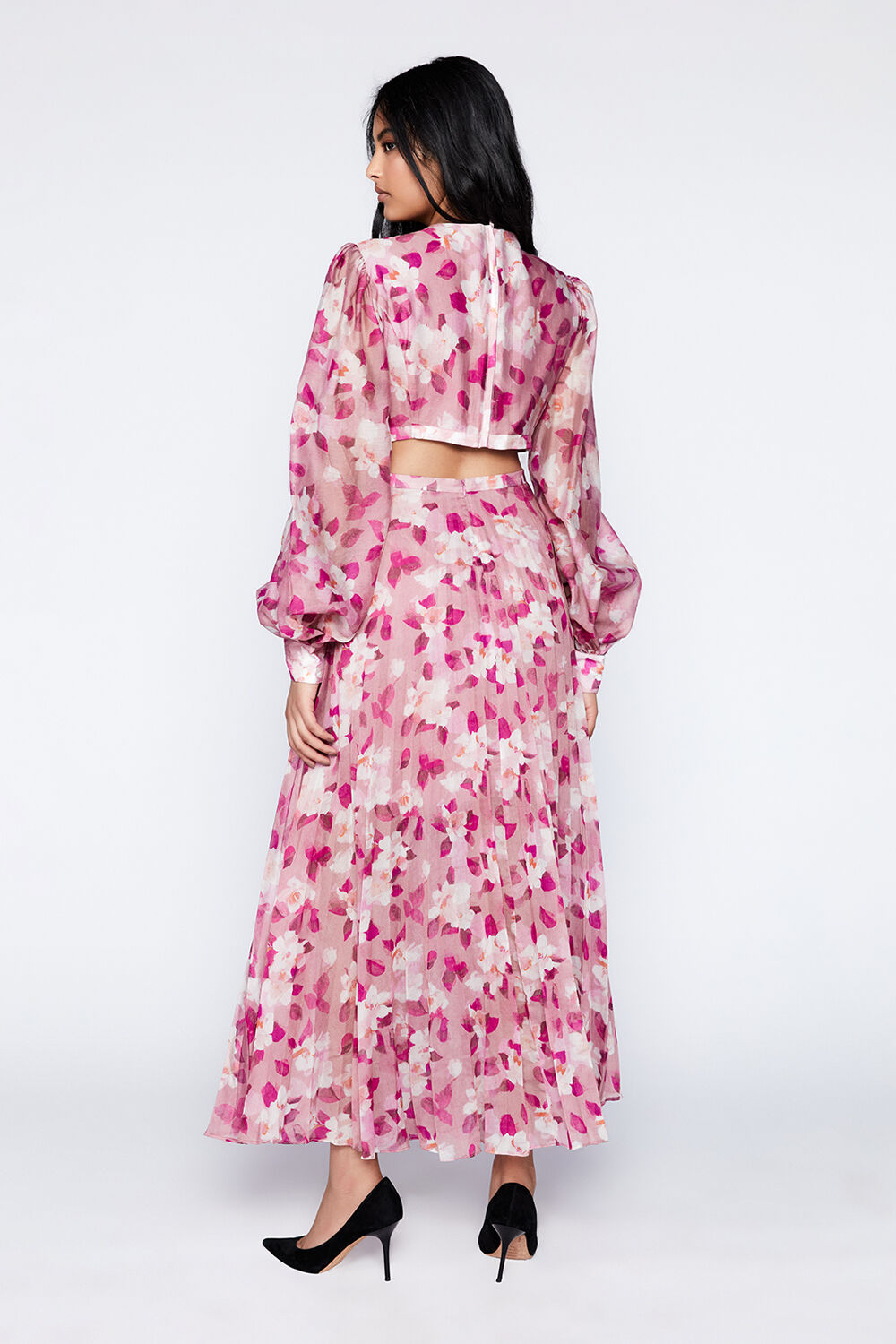 PLEATED FLORAL MIDI DRESS IN GARDEN FL