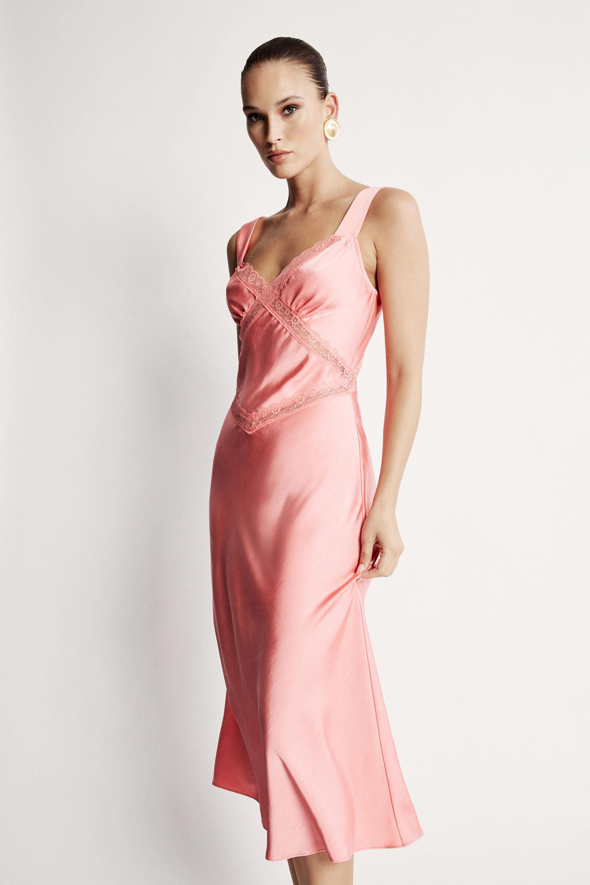Emory Satin Slip Dress In Pink Bardot