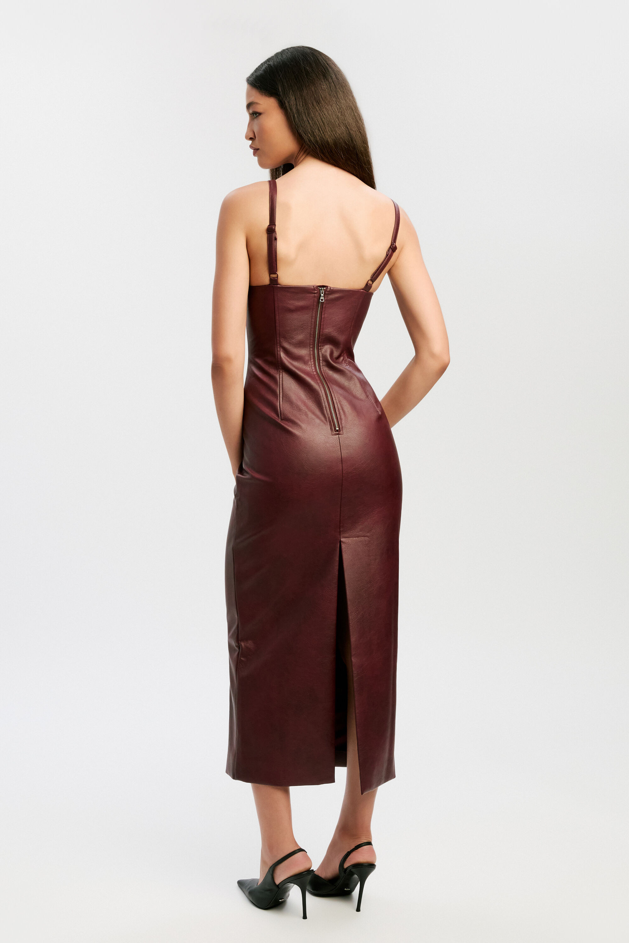 burgundy leather look dress Asymmetric Strap Ruched Mini Bodycon Dress In Burgundy Faux Leather | EGO US