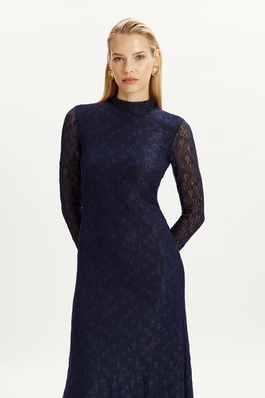 OLA LONG SLEEVE MIDI DRESS in colour NAVY