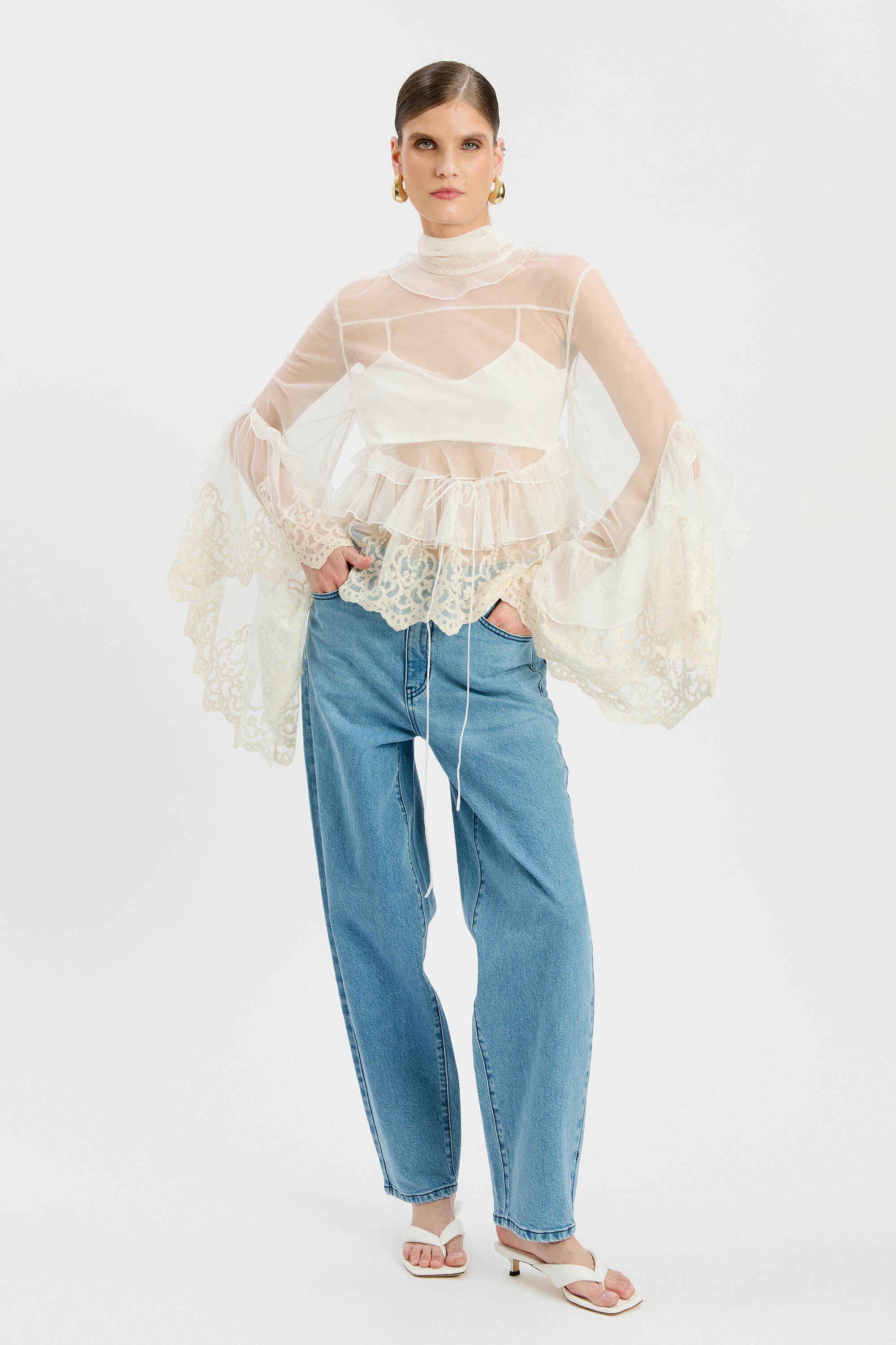 Anyssa Lace Edge Ruffe Blouse In Ivory | Bardot