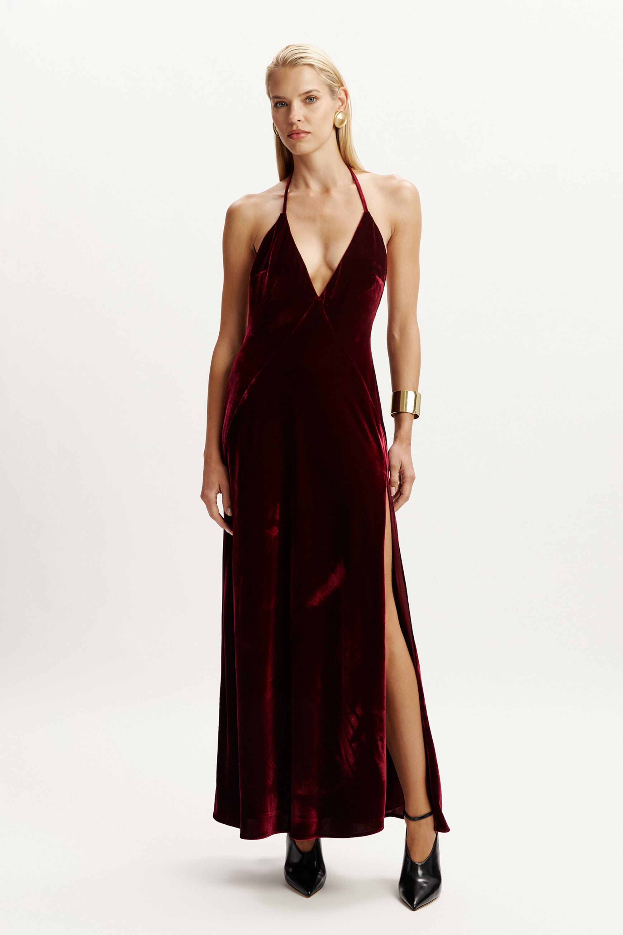 open lace back dress Velvet Halter Top Long Satin Prom Dresses Ball Gown main image 1