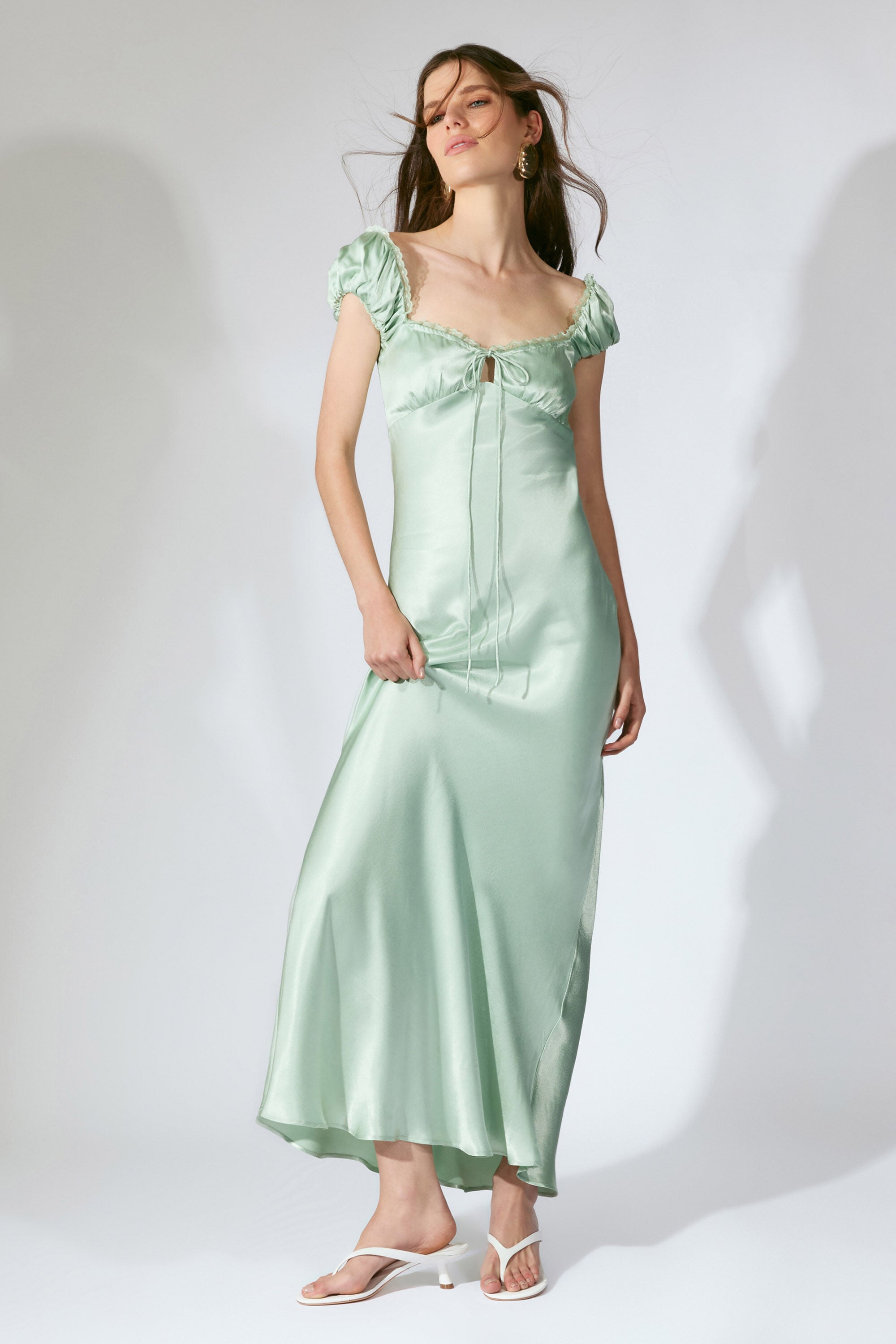 sage green satin asymmetric bardot twist maxi dress 4 Sweet 16 Birthday Party Dress in Mint/Pink Style LK239 Ball Gown main image 0