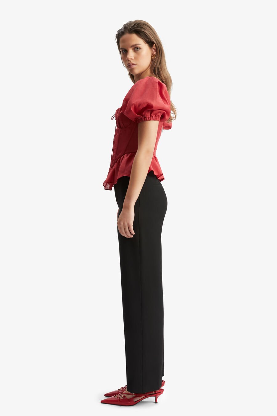ESRA PUFF SLEEVE CORSET TOP in colour FIRE RED