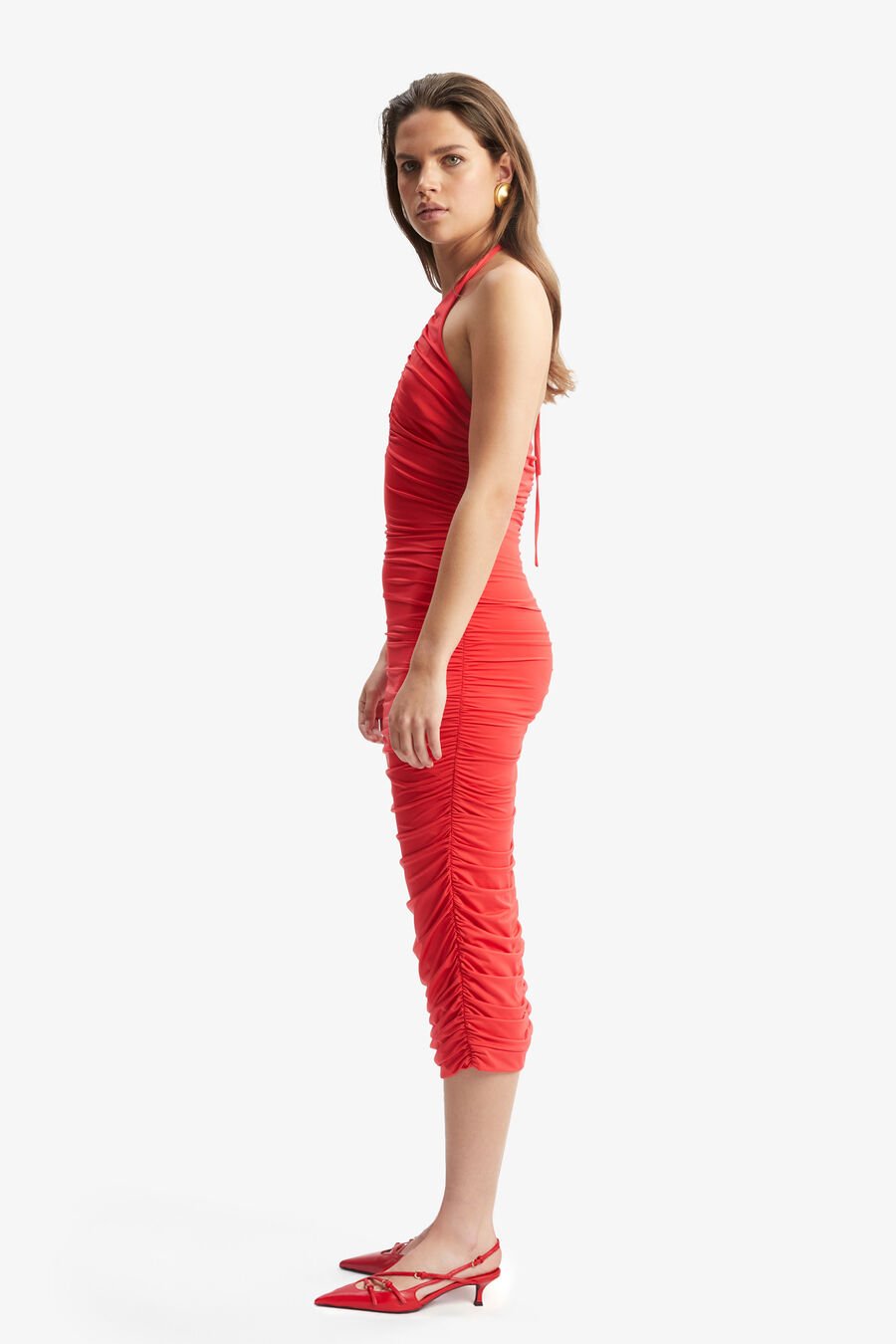 TISHA HALTER MIDI DRESS in colour FIRE RED
