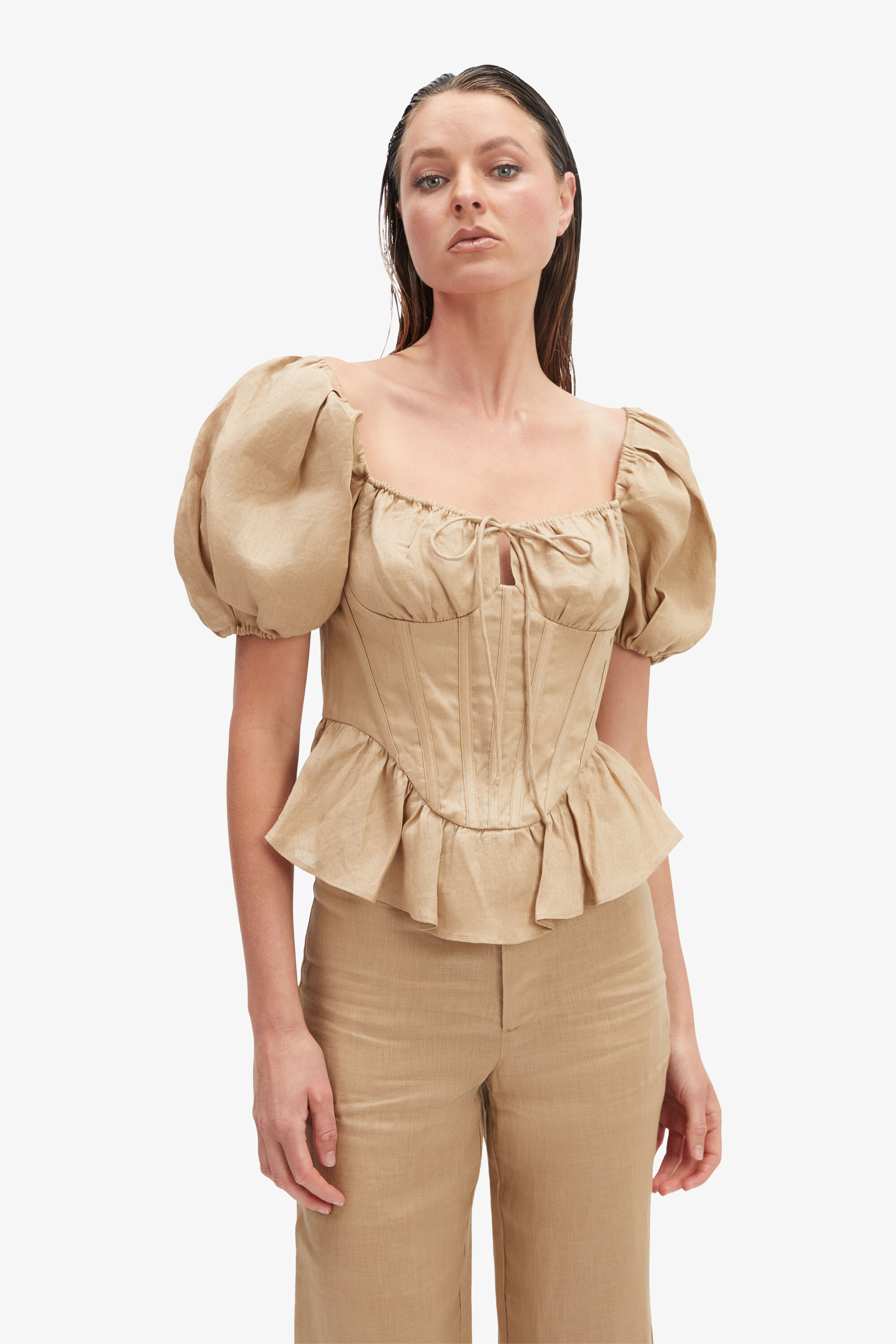 Esra Puff Sleeve Corset Top In Latte | Bardot