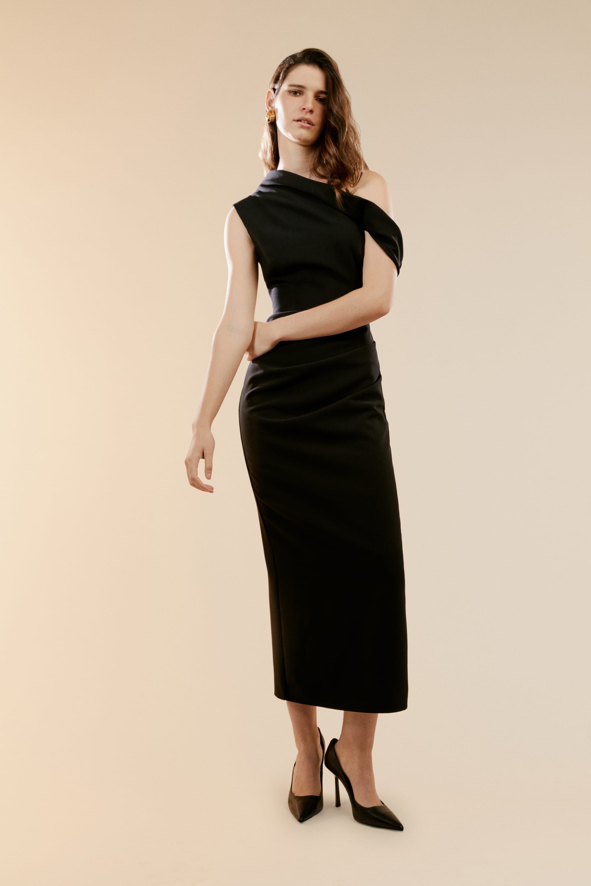 Maeve Asymmetric Midi Dress In Black Bardot
