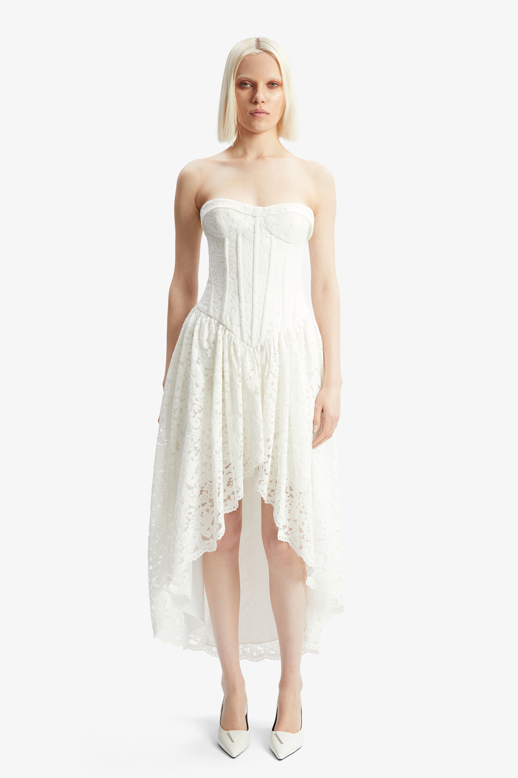 Felicidad Strapless Lace Dress In Orchid White | Bardot