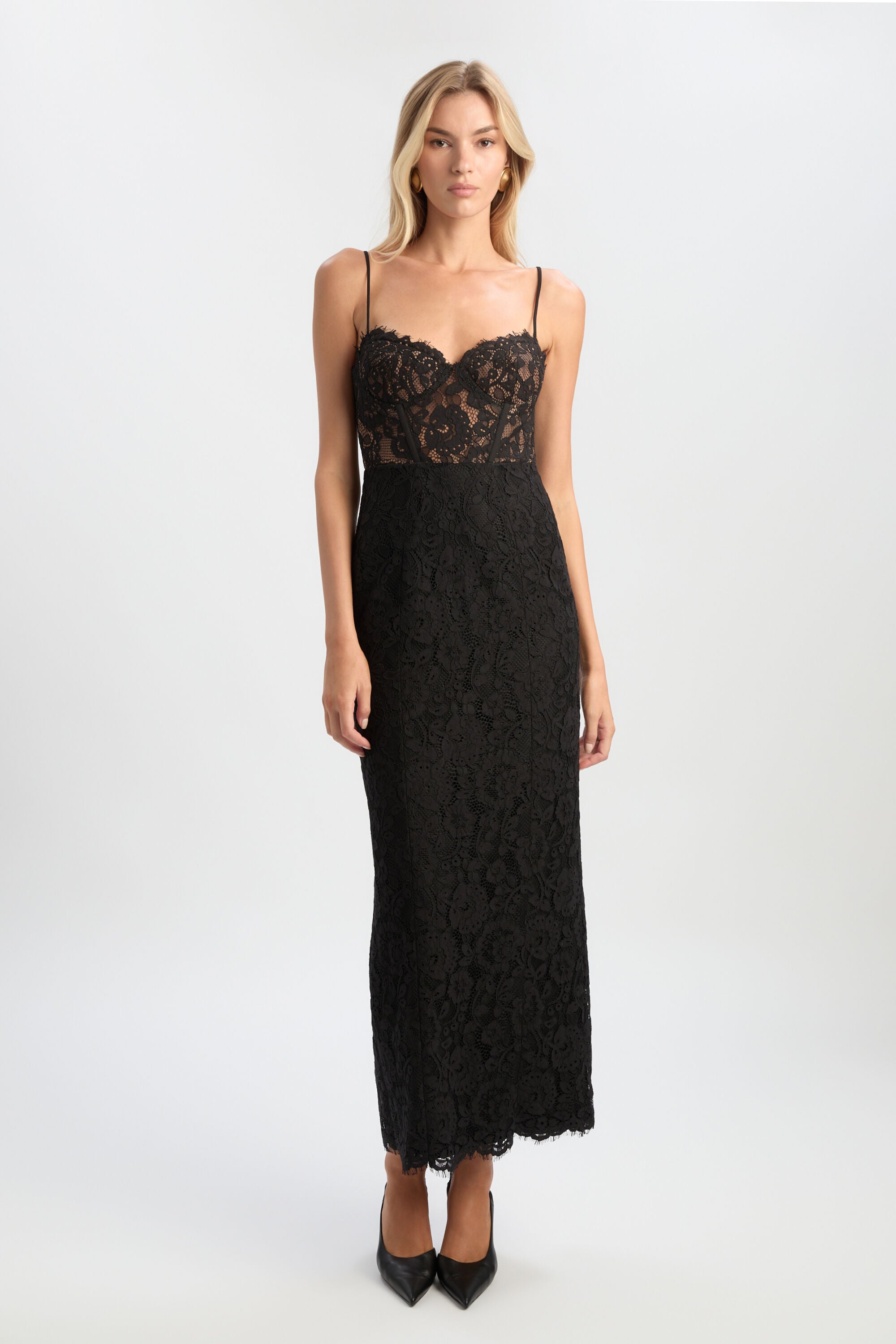 Blaine Lace Bustier Midi Dress In Black | Bardot