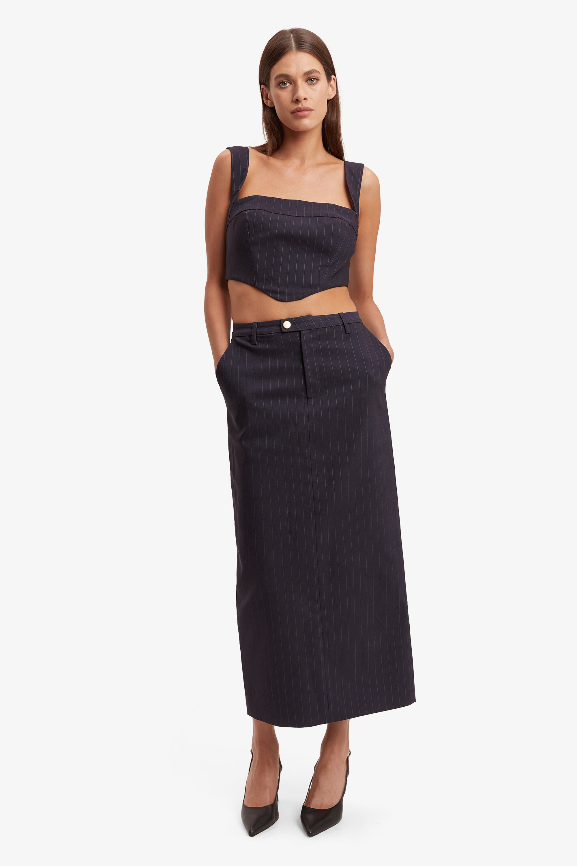 Sian Pin Stripe Maxi Skirt In Navy Pinstripe Bardot