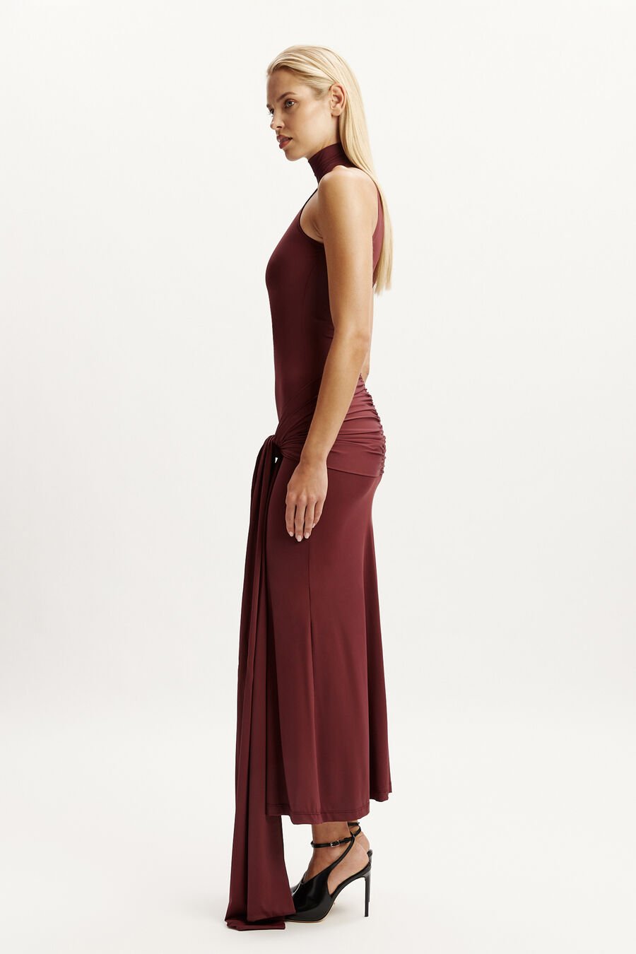 ISADORA MAXI TIE FRONT DRESS in colour DEEP PLUM
