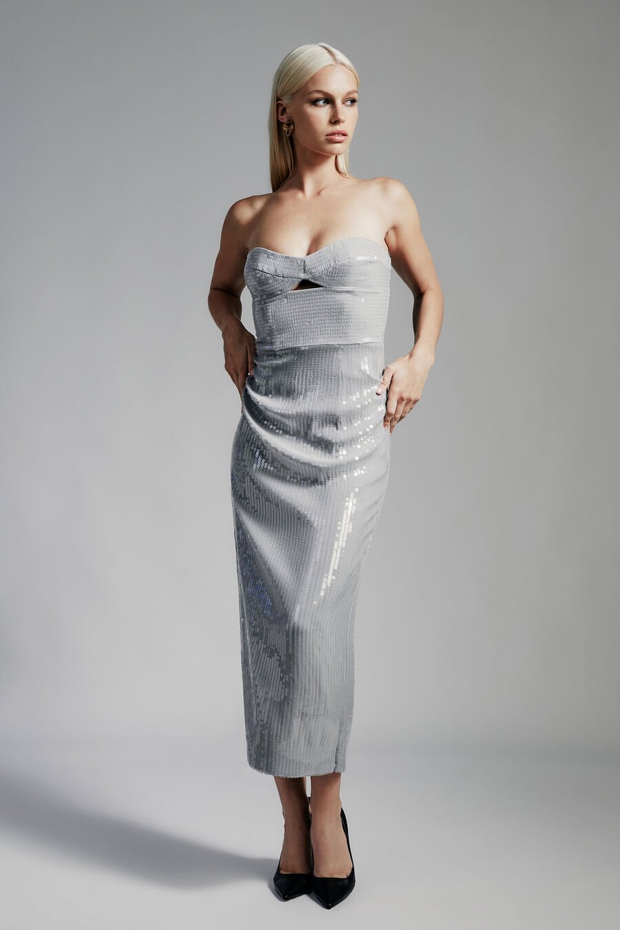 CERISE SEQUIN MIDI DRESS in colour DOVEGREY