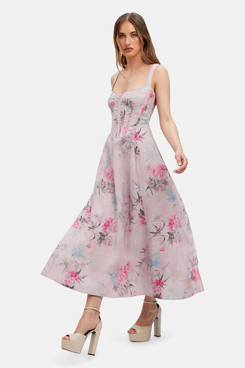 ADALINE CORSET MIDI DRESS in colour FIERY RED