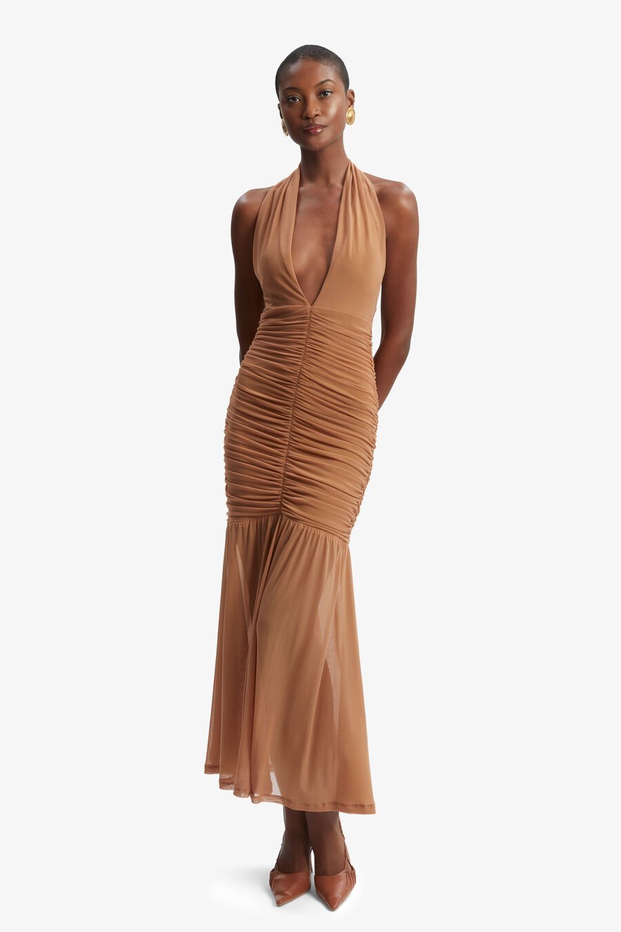 SEPHERA HALTER MESH MIDI DRESS in colour CHESTNUT