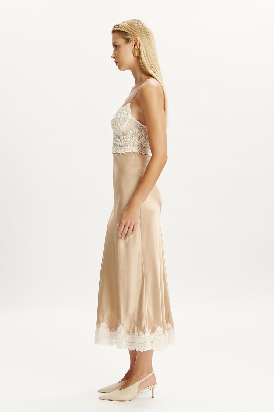 TZARIANA SATIN LACE MIDI DRESS in colour GOLDEN
