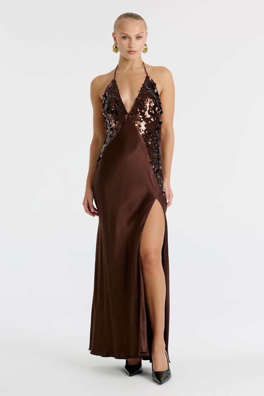 Yve Sequin Satin Halter Dress