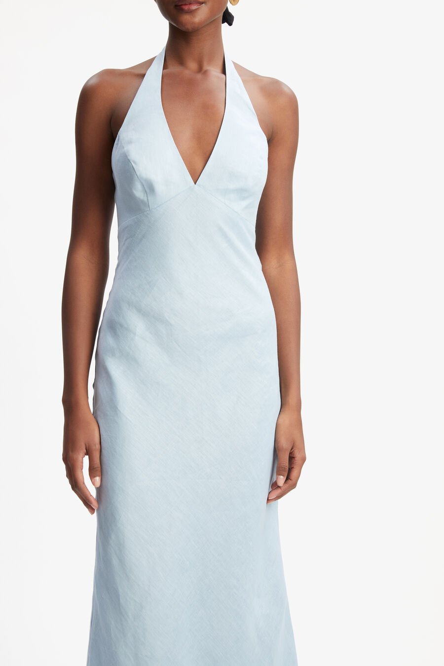 PAOLA HALTER LINEN MIDI DRESS in colour SOFT BLUE