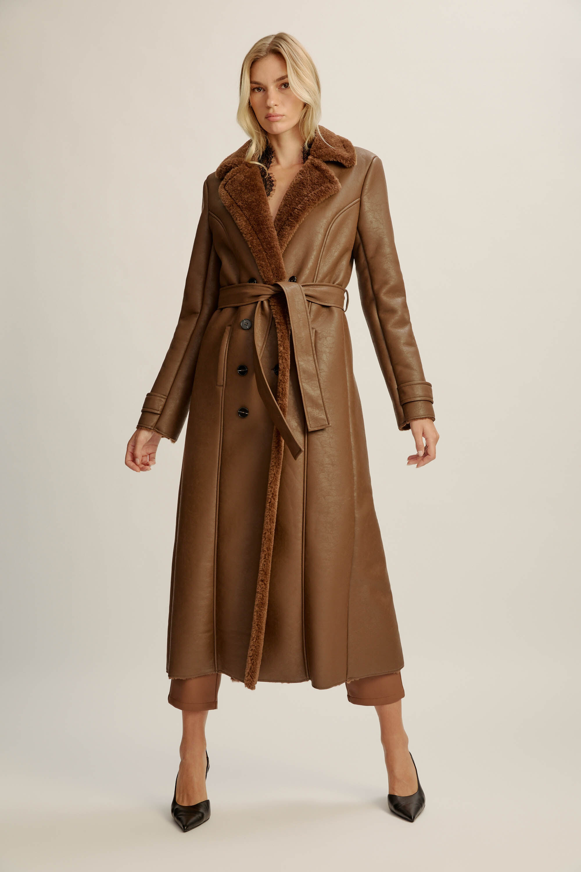 Vegan Leather Shirling Coat In Chocolate | Bardot