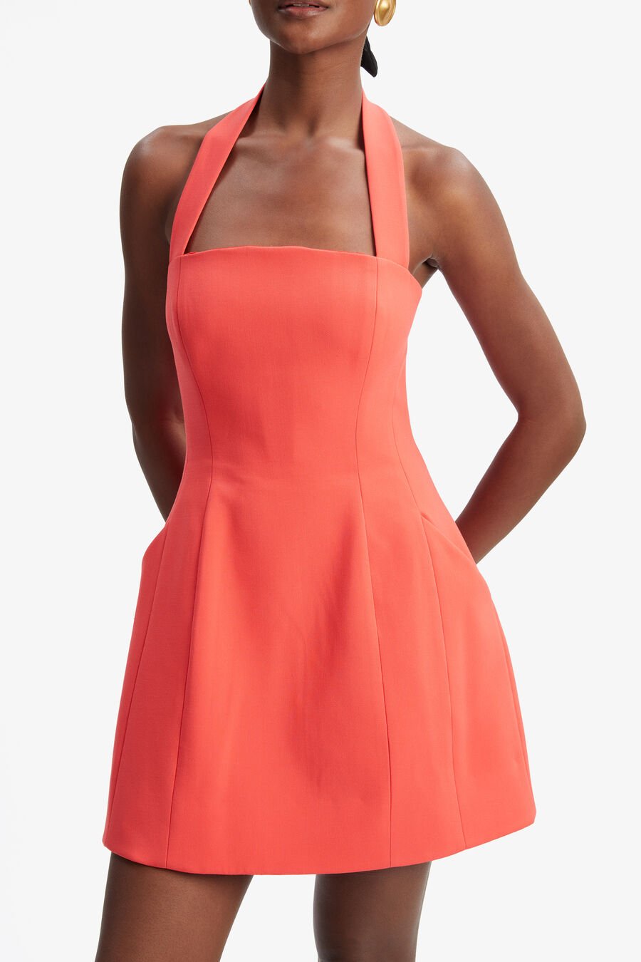 NEVELLE HOURGLASS HALTER DRESS in colour FLAME RED