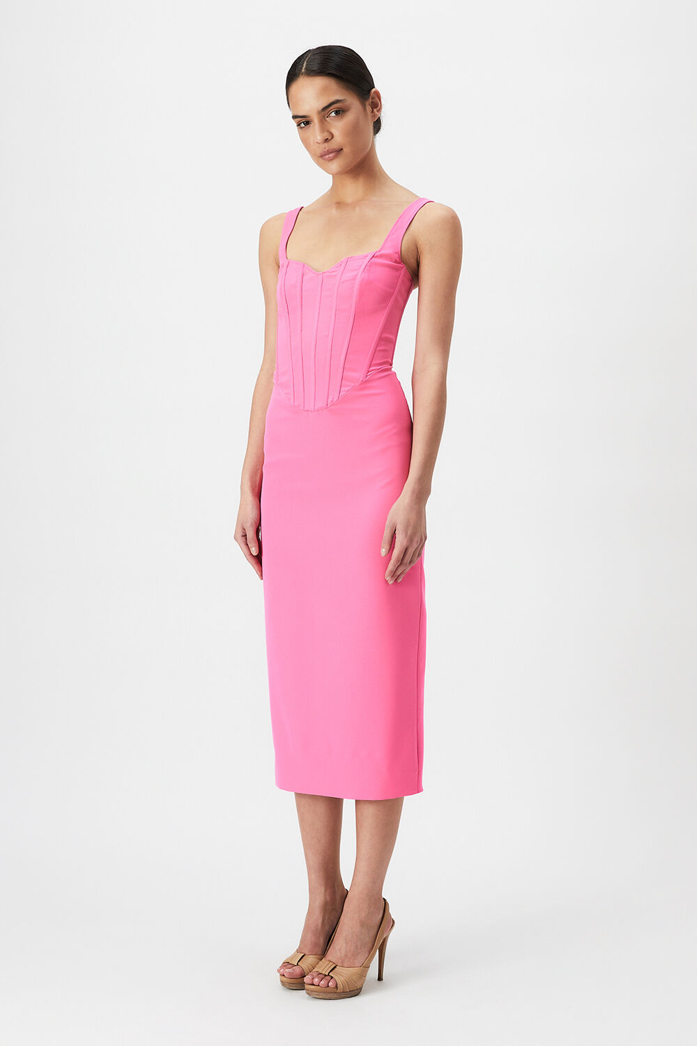 pink fitted midi dress