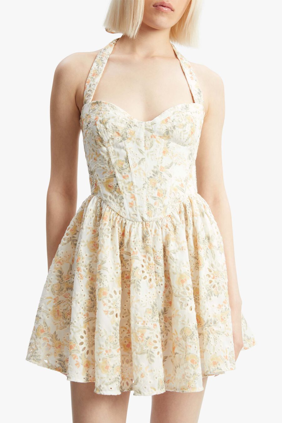 POLLIE HALTER MINI DRESS in colour Yellow Floral